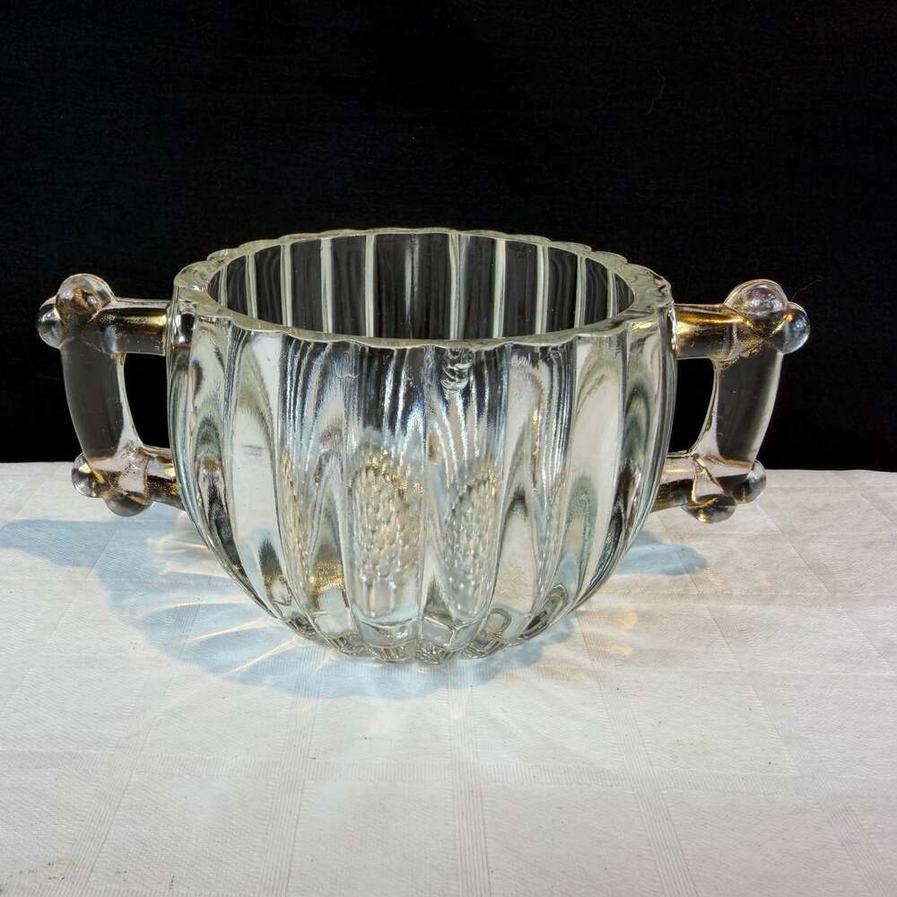 Clear Glass sugar Bowl Dish with Handles Vintage Gold Rim (worn off)